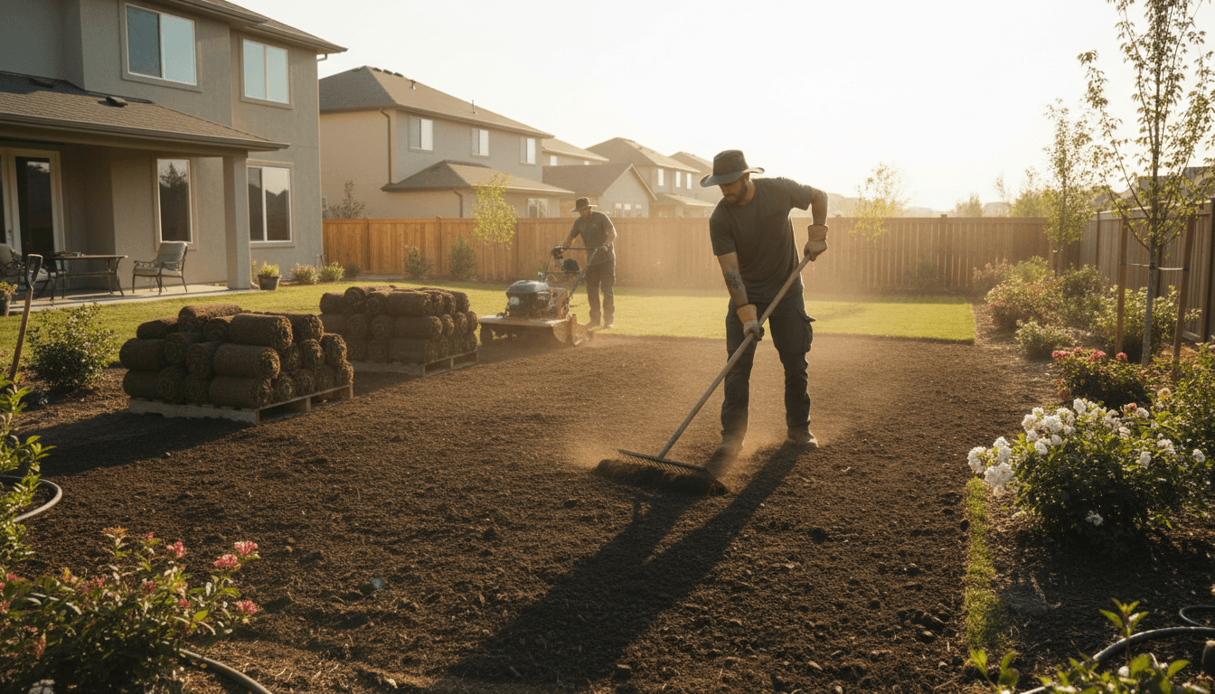 Professional landscaper working on a backyard transformation project with soil installation and new grass planting